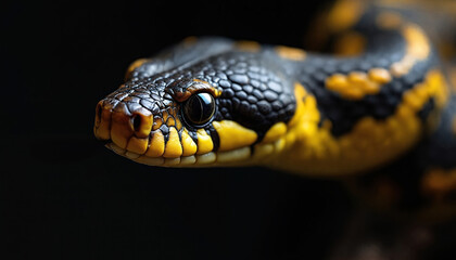 Black and yellow patterned snake head close-up on dark background. Reptile eye detail. Creature scales texture. Wild animal face in focus. Natural pattern of venomous serpent.