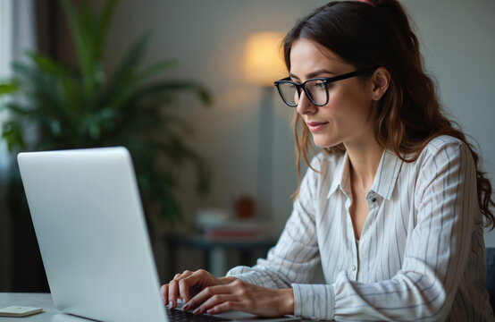 Young pro woman wears glasses, works on laptop computer. Types on keyboard, concentrating on screen at home office. Remote worker studies, programs code, manages business data, online education, uses