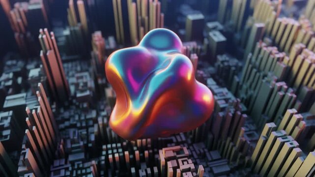 A vibrant, iridescent, abstract, amorphous shape floats above a stylized, digital city.