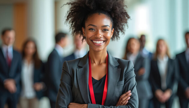 Smiling young black woman in pro business suit crosses arms. Confident female leader poses at corporate event. Businesswoman radiates poise and success with colleagues.