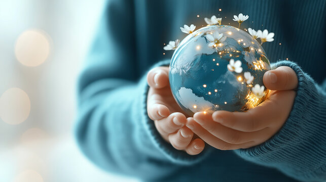 Child holding a glowing globe with flowers
