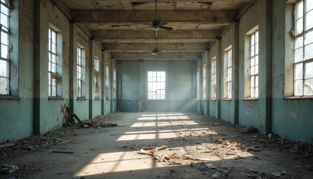 Long abandoned empty factory warehouse. Building interior ruined, dirty. Sunlight shines through old windows. Industrial decay with broken glass, grunge walls. Deserted place for exploration, urban