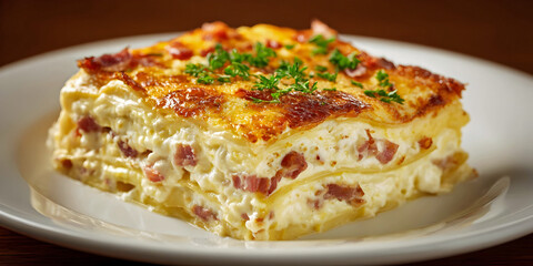 Creamy Egg ,Cheese, Lasagna with Bacon Garnish, ai generated.