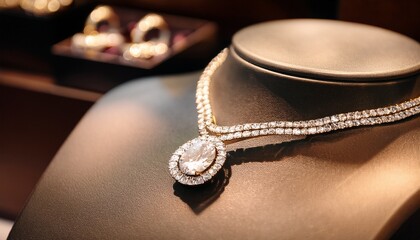 elegant diamond necklace and rings displayed in jewelry store