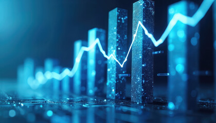 Abstract blue 3D bar chart with glowing line graph shows market growth. Digital data visualization indicates positive trend. Financial analysis graphic with bokeh.