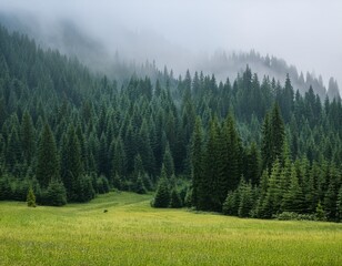 a vast meadow with a dense forest of evergreen trees on a misty day