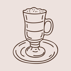 Tall coffee latte glass on saucer in outline style. Hand drawn vector isolated illustration.