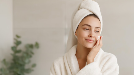 Woman in bathrobe with towel on head, touching her face