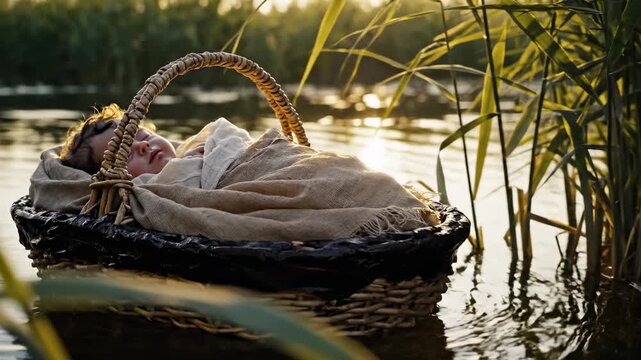 Bbaby Moses in a wicker basket floating on the Nile River among reeds video