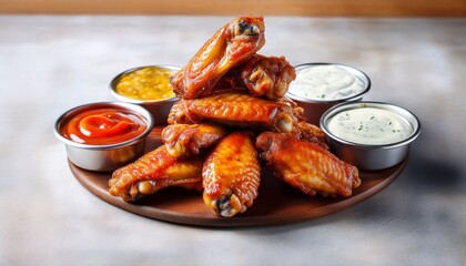 crispy chicken wings piled high with dipping sauces