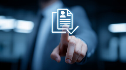 Finger pressing a digital profile document with check mark
