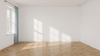 Fototapeta premium Empty room with windows casting light and shadow, minimalist interior.