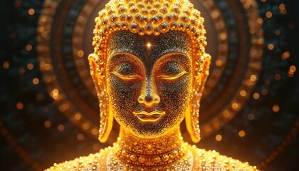 Golden Buddha face. Digital illustration of serene statue with closed eyes. Ornate details in gold. Spiritual symbol of peace meditation enlightenment. Dark background with bokeh.