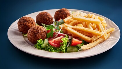 plate of french fries falafel and salad