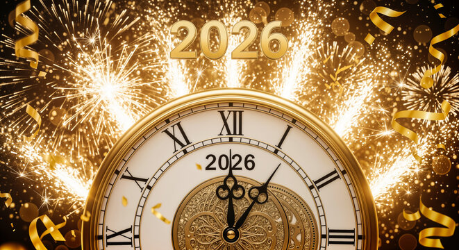 Neujahr 2026: Festlicher Jahreswechsel mit goldener Uhr, Feuerwerk und Konfetti