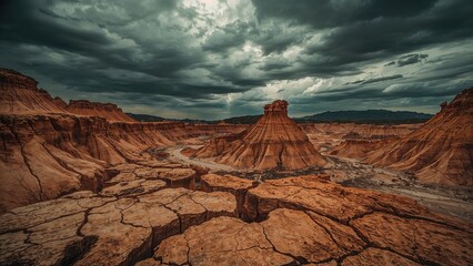 Dry rugged canyon landscape with layered rock formations and cloudy sky.