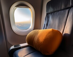 soft travel pillow on airplane seat with window view in background