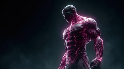 Human muscular system represented as an athletic male body with glowing pink and purple energy patterns against a dark background, illustrating strength and biological advanced technology concepts