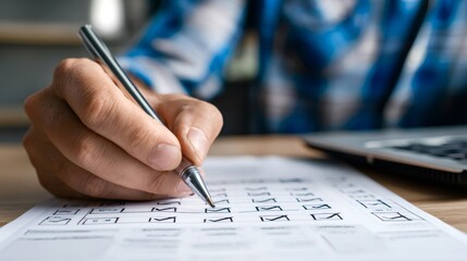 Person completing a feedback form or evaluation questionnaire, marking checkbox options on a paper document with a pen, conceptualizing customer satisfaction and task completion