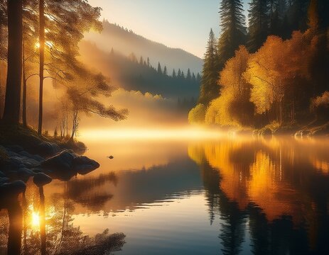a tranquil scene of a misty lake in a forest with golden light reflecting on the water