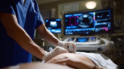 Medical professional in blue scrubs and white gloves performing an ultrasound scanning procedure on a patient, with multiple screen displays showing medical imaging and data in a hospital setting