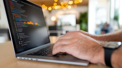 Advisor examines stock market data on a sleek laptop screen indoors