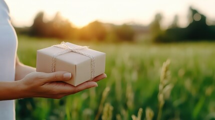 Celebrating moments with a special gift in a tranquil field at sunset