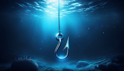 dark underwater scene with fishing hook suspended in blue light