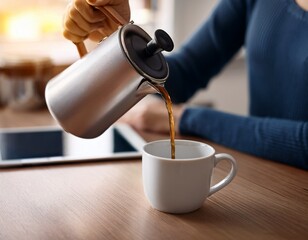 pouring coffee from white pot into mug while using tablet device