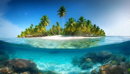 a tropical island with palm trees and a beautiful clear blue ocean with a view both above and below the water