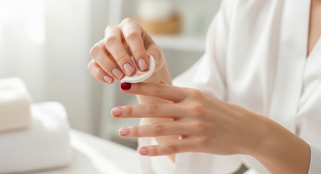 Close-up of female hands removing nail polish with a white cotton pad in a spa atmosphere, hand care concept
