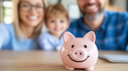 Young couple happily saving for their dream home with child in cozy setting
