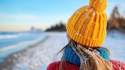 Carefree young woman enjoys a beach stroll on wet sand under a blue sky