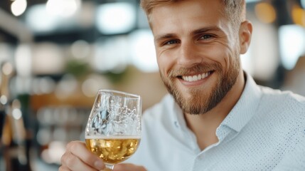 Young man enjoys craft beer tasting at local brewery with owner