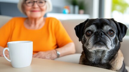 Happy moments shared between a senior woman and her beloved pug