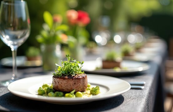 Elegant outdoor dining table setup featuring steak dinner. Delicious dish garnished with green plants served. Blurred background shows floral decor, wine glasses. Fine dining in nature. Gourmet feast