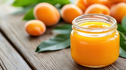 Delightful apricot jam glistening in sunlight on rustic wooden table