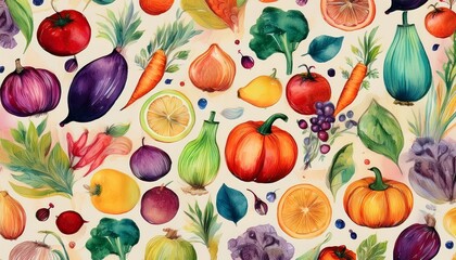 fresh vibrant watercolor vegetables and fruits pattern