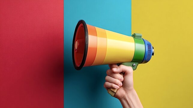 Hand holding a vibrant multicolored megaphone against a bold red and yellow abstract background, symbolizing loud announcements, attention grabbing communication and promotion