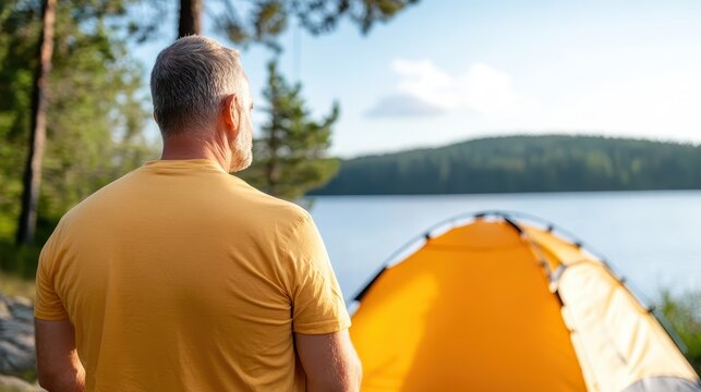Senior man enjoys peaceful camping by picturesque lake shore - Powered by Adobe
