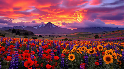 Vibrant sunflower field blooming under dramatic sunset sky with mountain range in distance at golden hour