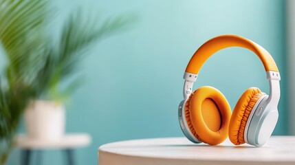 Retro earphones rest on a white chair in a modern studio setting