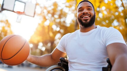 Young man in wheelchair enjoys basketball during sunny autumn afternoon