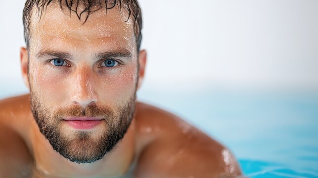 Male swimmer poised for action in preparation for competitive swimming - Powered by Adobe