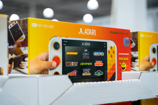 Close up of Atari gamestation packaging on store shelf. Toronto, Canada - November 26, 2025.