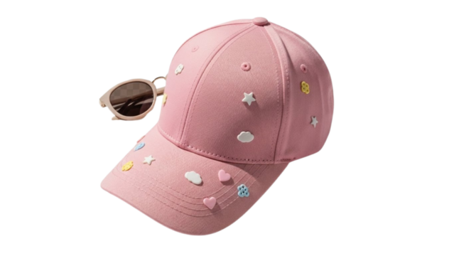 Cute pink baseball cap with embroidered flowers and sunglasses
