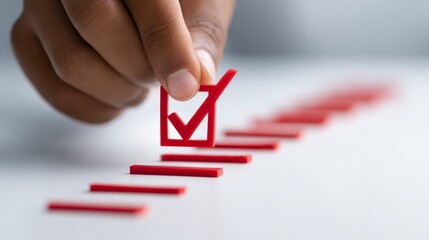 person's hand, success, achievement, goal, profit, performance, strategy, Businessman Strategically Climbing Checkmark Ladder to Reach Target - Smart Goal Execution Concept with Clean Layout