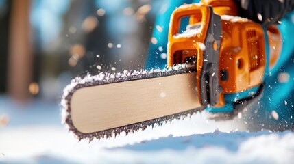 Chainsaw in action with flying sawdust during tree cutting in winter