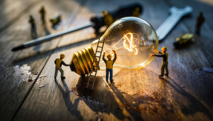 Miniature Team of Workers Installing Lightbulb on Wooden Table with Tools