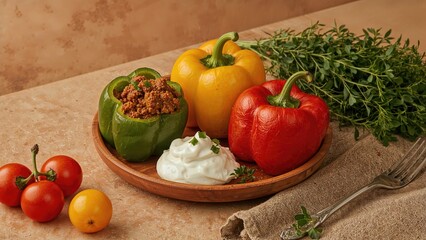 Colorful bell peppers filled with ground meat, fresh tomatoes, and herbs on a wooden plate with mayonnaise and utensils, showcasing fresh ingredients and meal presentation.